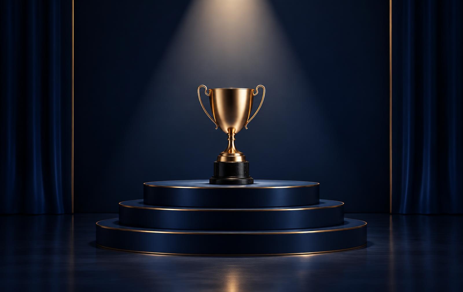 Brass trophy on a navy podium under a single spotlight