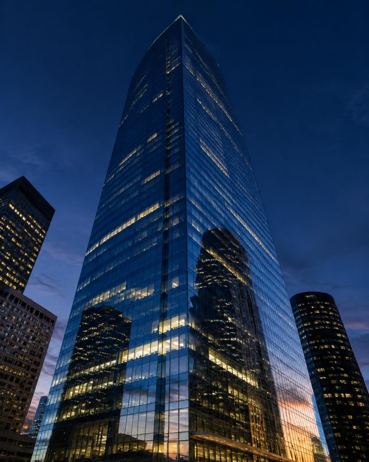 Illustration of a glass office tower at dusk